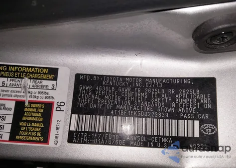 2013 Toyota Camry Le from USA, damaged, VIN 4T1BF1FK5DU222839
